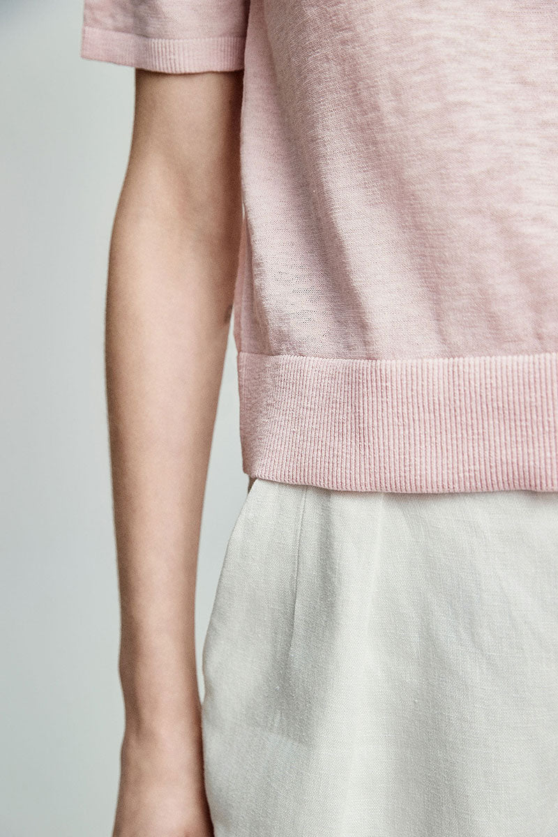 Relaxed Fit Cotton-Linen Short-Sleeve Crewneck T-Shirt with Ribbed Trims