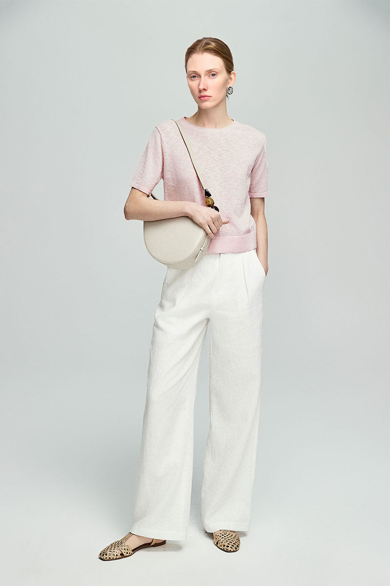 Relaxed Fit Cotton-Linen Short-Sleeve Crewneck T-Shirt with Ribbed Trims