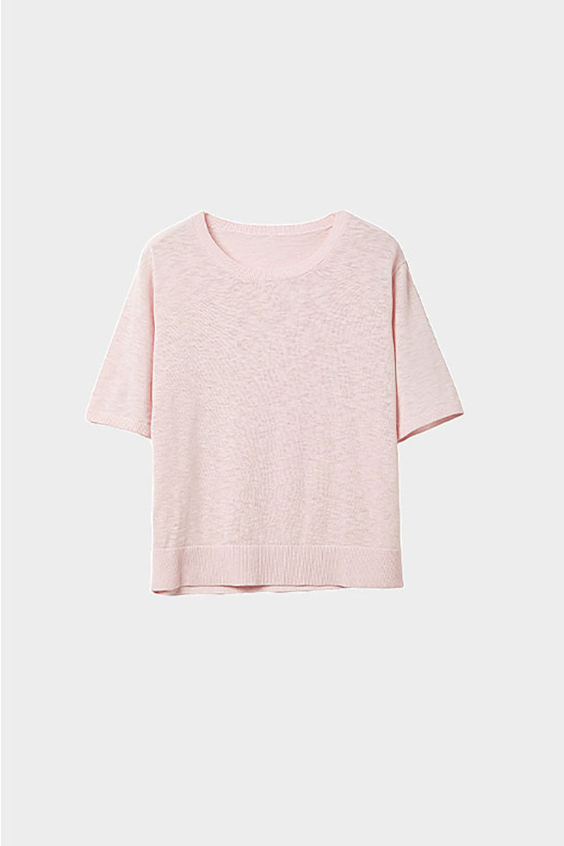 Relaxed Fit Cotton-Linen Short-Sleeve Crewneck T-Shirt with Ribbed Trims