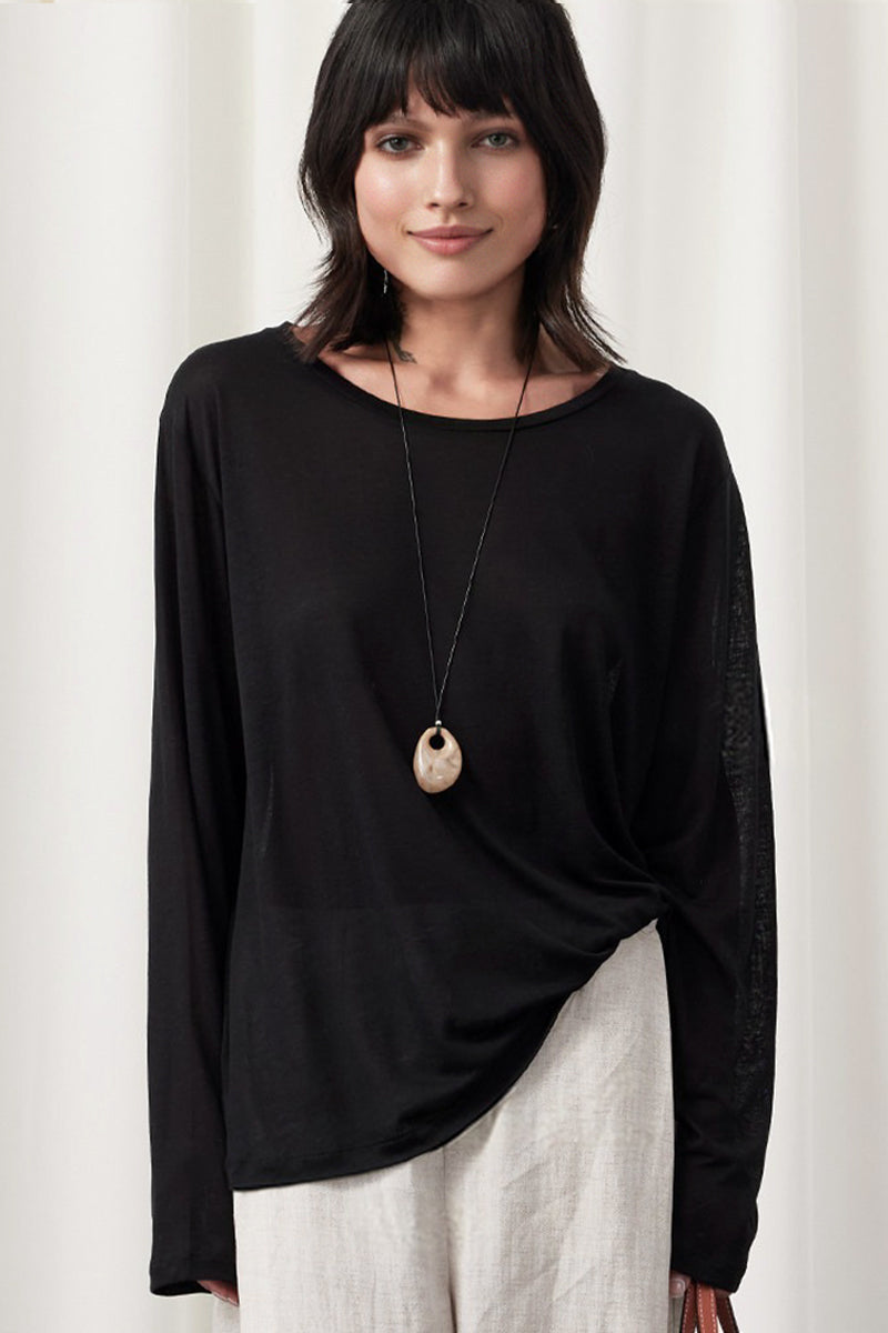 Relaxed Fit Long Sleeve Drop Shoulder Linen Blend Top