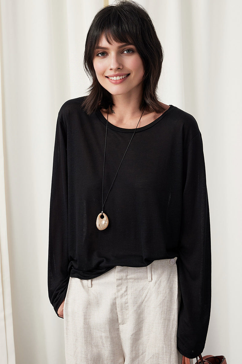 Relaxed Fit Long Sleeve Drop Shoulder Linen Blend Top