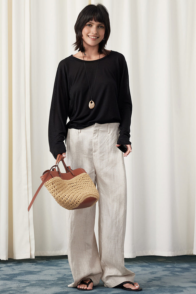 Relaxed Fit Long Sleeve Drop Shoulder Linen Blend Top