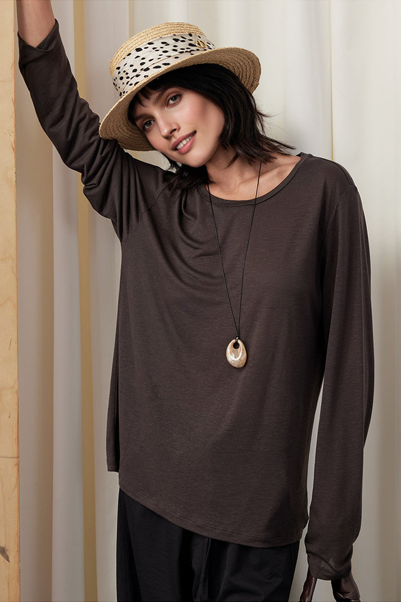 Relaxed Fit Long Sleeve Drop Shoulder Linen Blend Top