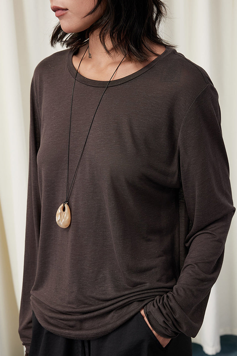 Relaxed Fit Long Sleeve Drop Shoulder Linen Blend Top