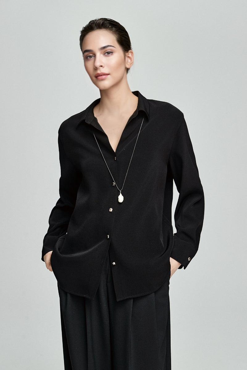 Relaxed Fit Long Sleeve Satin Button-Up Shirt in Black