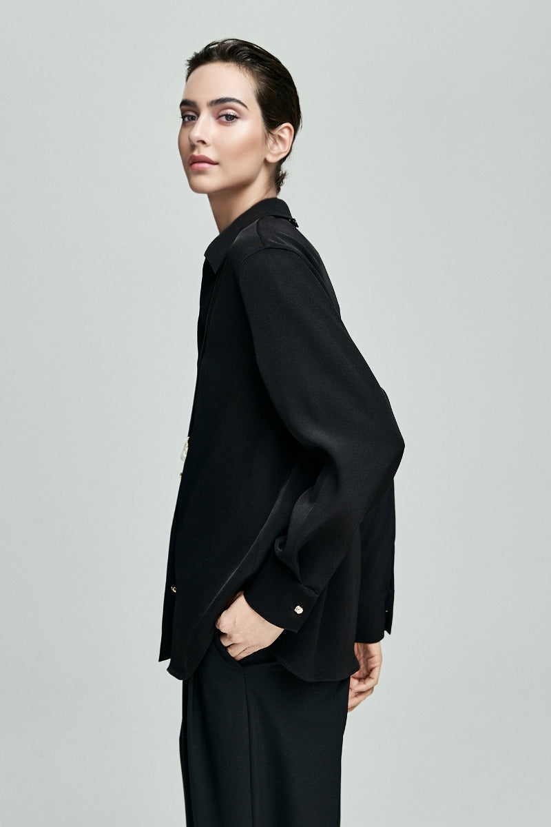 Relaxed Fit Long Sleeve Satin Button-Up Shirt in Black