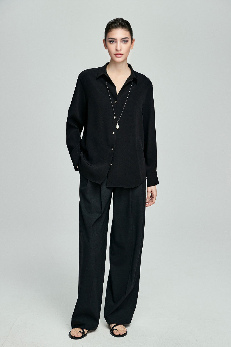 Relaxed Fit Long Sleeve Satin Button-Up Shirt in Black
