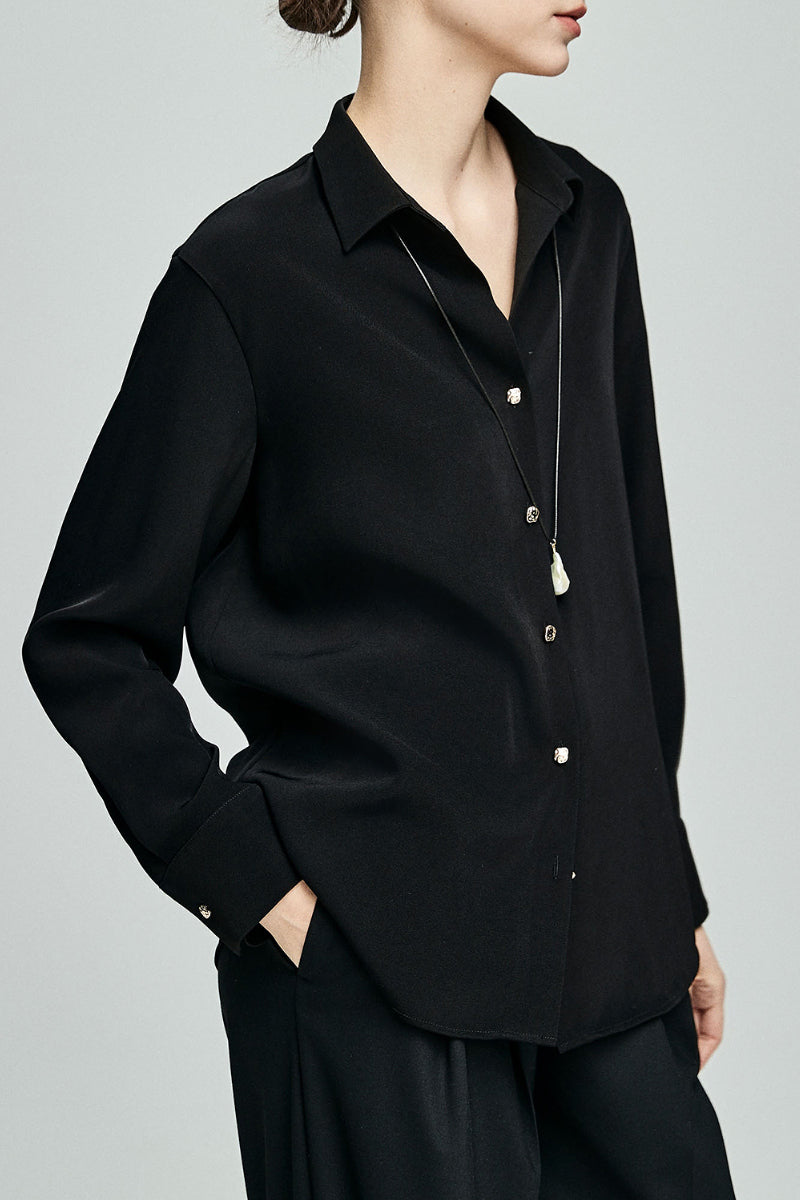 Relaxed Fit Long Sleeve Satin Button-Up Shirt in Black