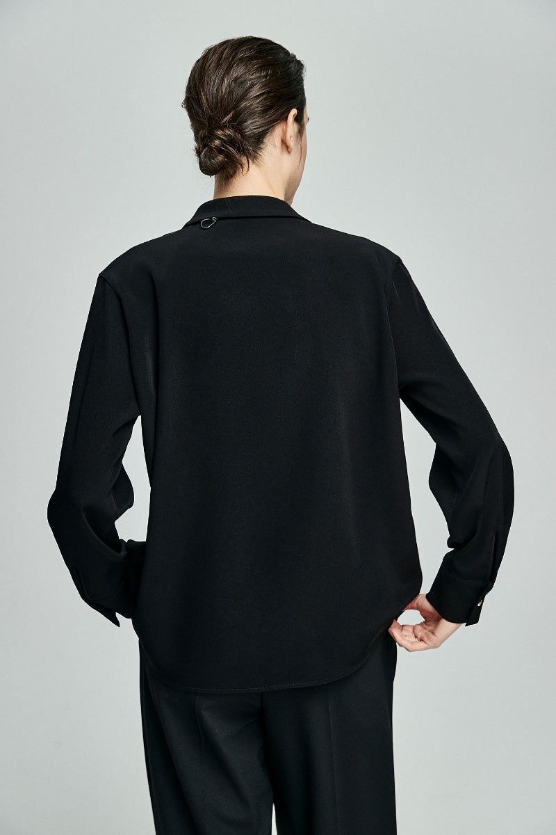 Relaxed Fit Long Sleeve Satin Button-Up Shirt in Black