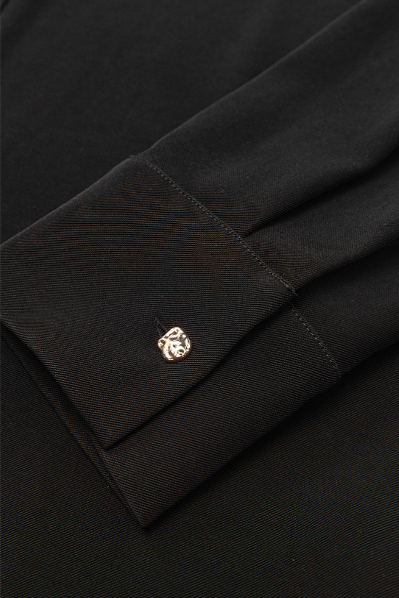 Relaxed Fit Long Sleeve Satin Button-Up Shirt in Black