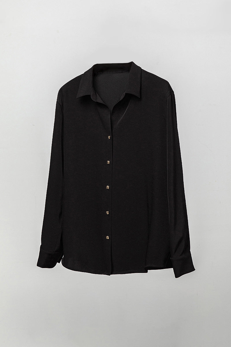 Relaxed Fit Long Sleeve Satin Button-Up Shirt in Black