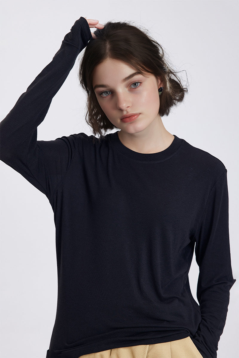 Relaxed Fit Lyocell-Silk Long-Sleeve Crewneck T-Shirt
