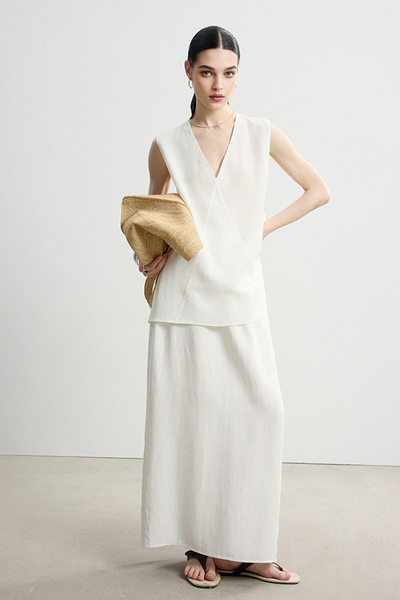 Relaxed Fit Tencel Linen Drawstring Maxi Skirt