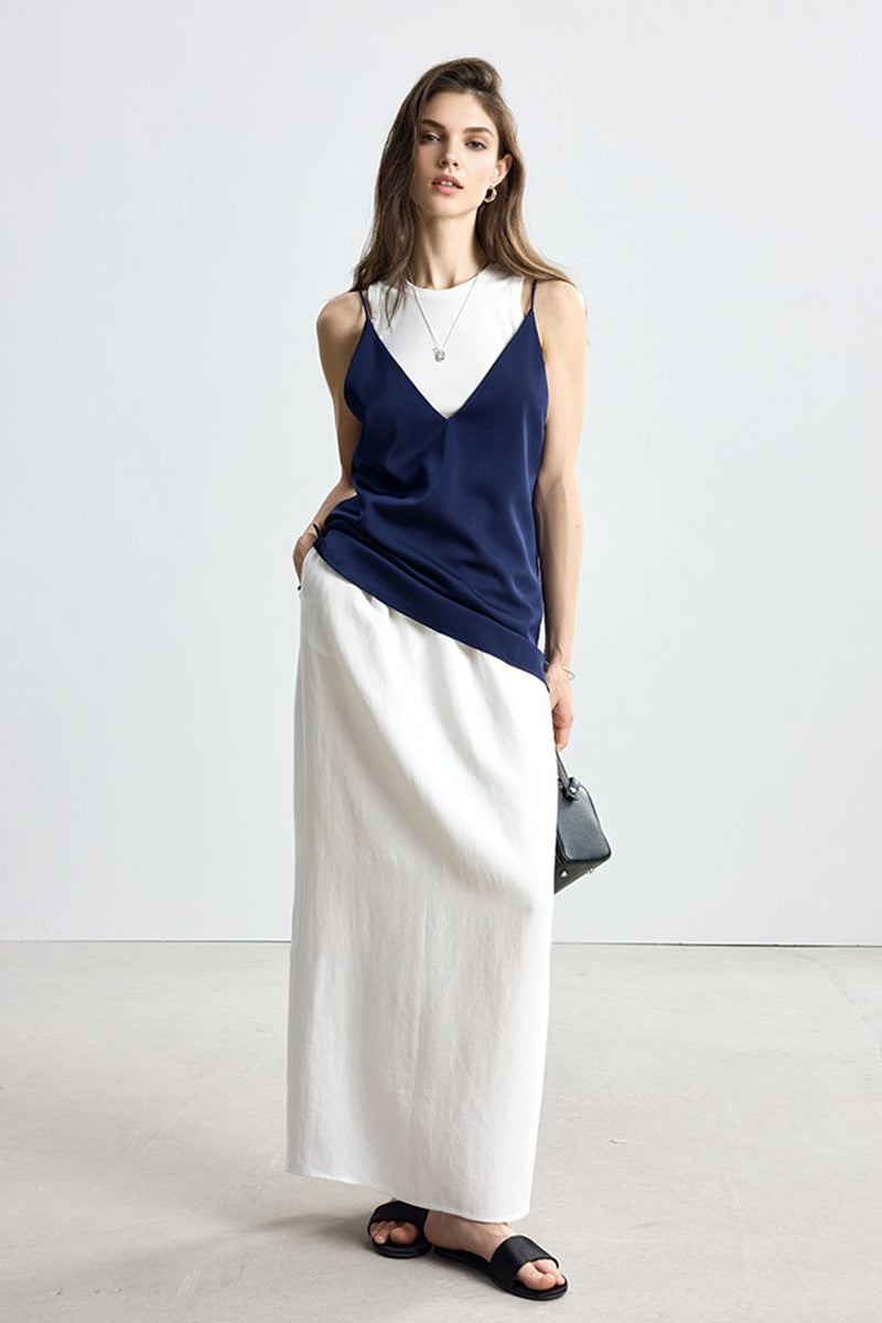 Relaxed Fit Tencel Linen Drawstring Maxi Skirt
