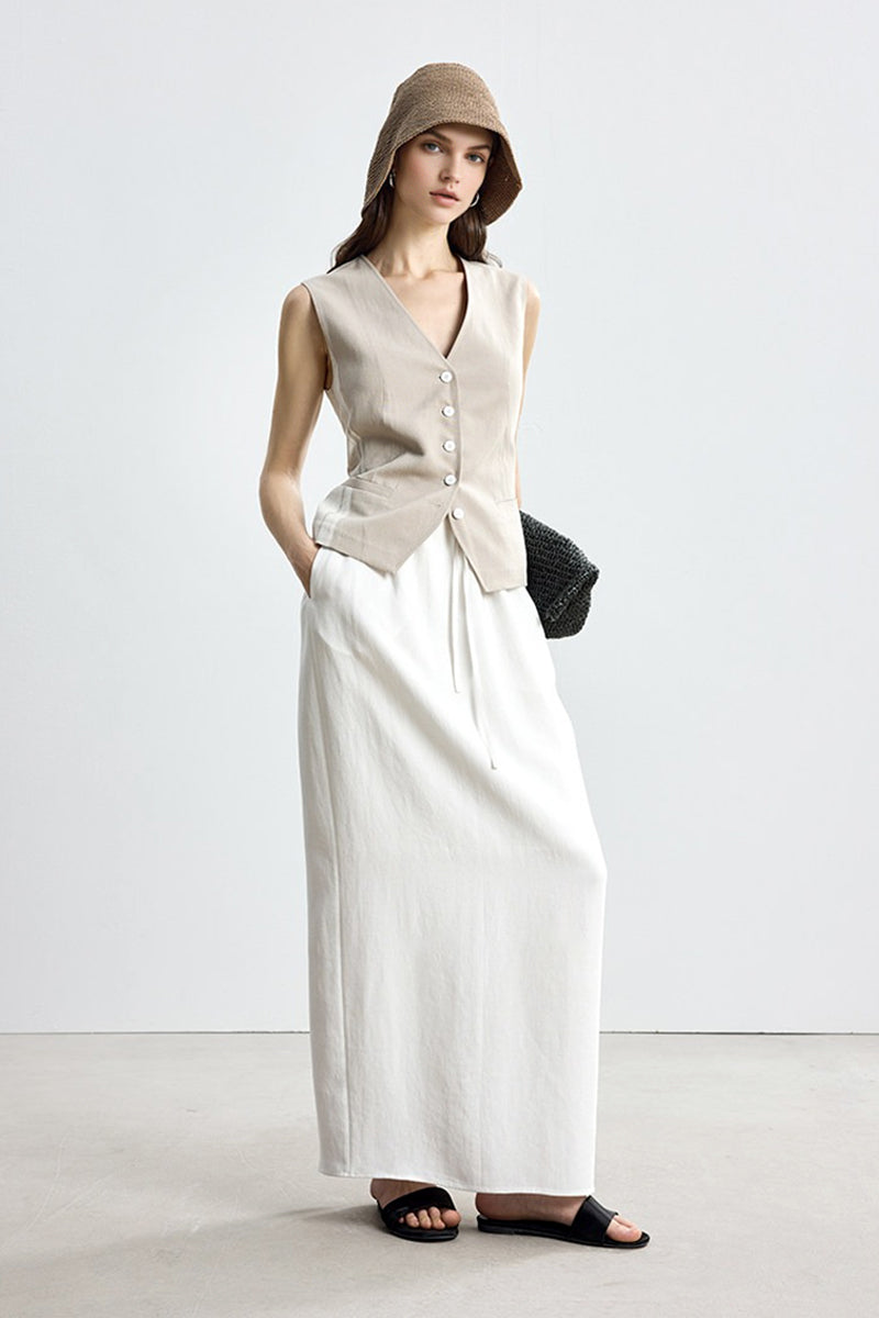 Relaxed Fit Tencel Linen Drawstring Maxi Skirt