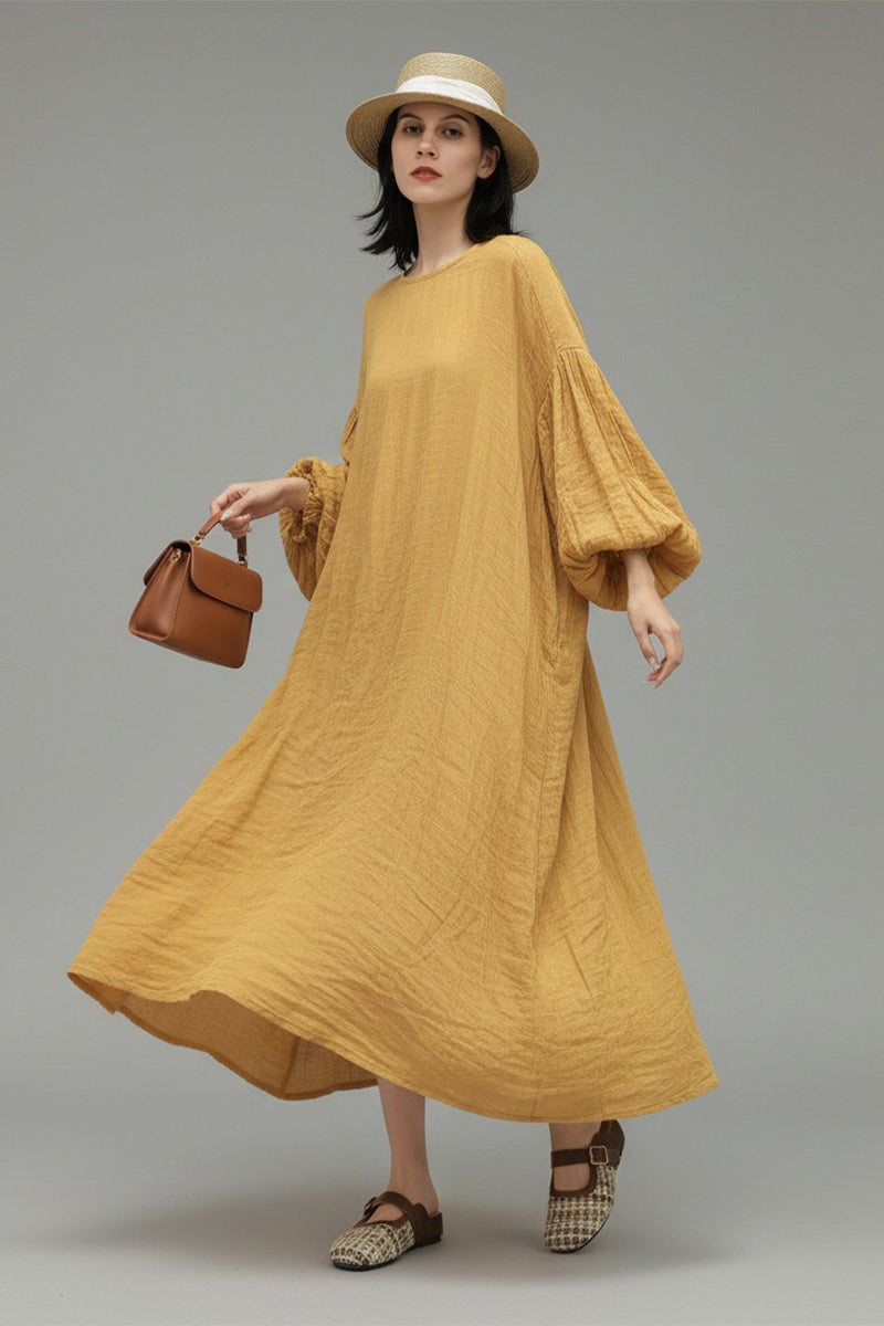 Relaxed Linen Balloon Sleeve Maxi Dress