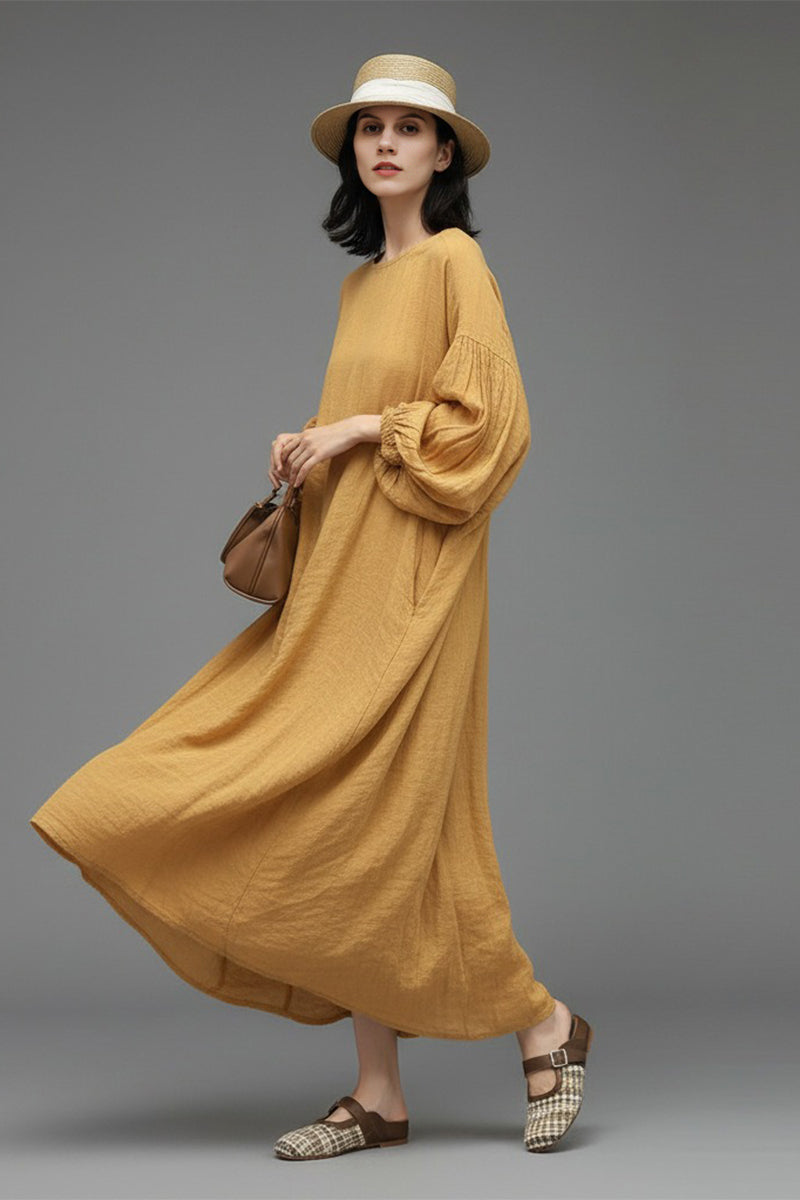 Relaxed Linen Balloon Sleeve Maxi Dress