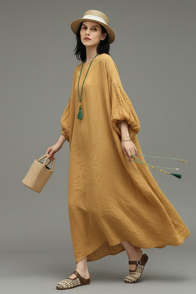 Relaxed Linen Balloon Sleeve Maxi Dress