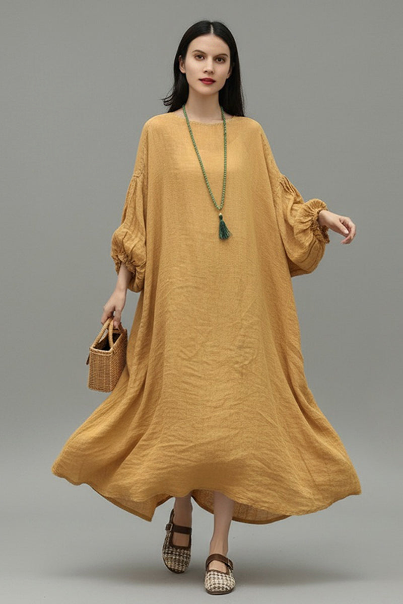 Relaxed Linen Balloon Sleeve Maxi Dress