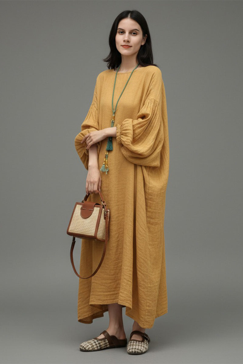Relaxed Linen Balloon Sleeve Maxi Dress