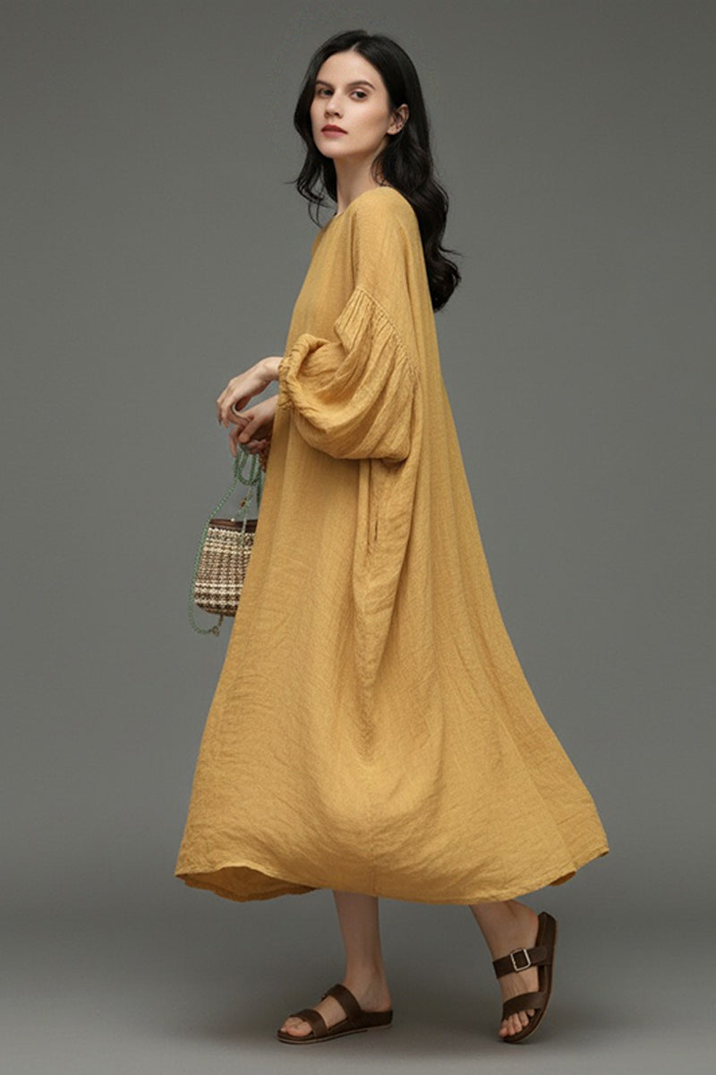 Relaxed Linen Balloon Sleeve Maxi Dress