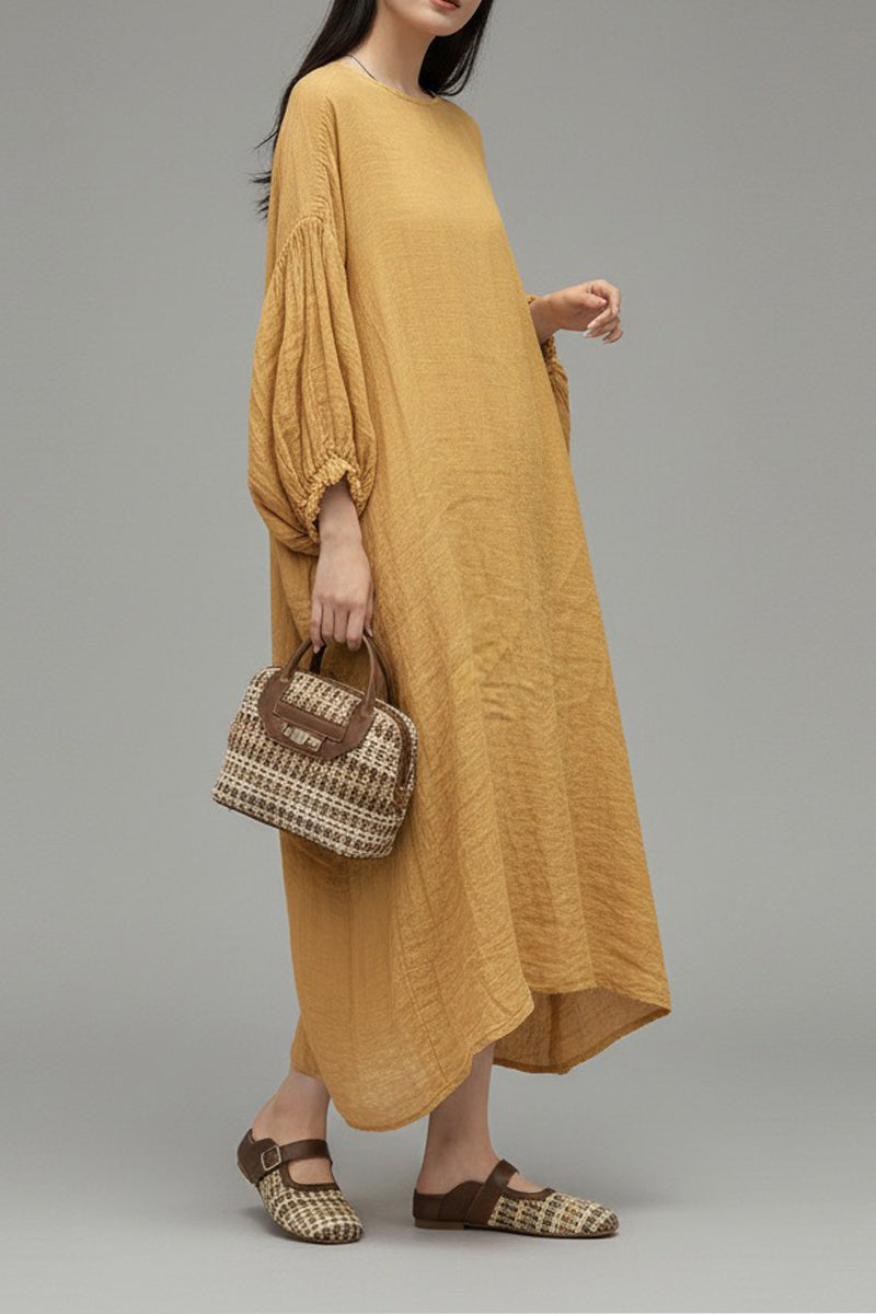 Relaxed Linen Balloon Sleeve Maxi Dress