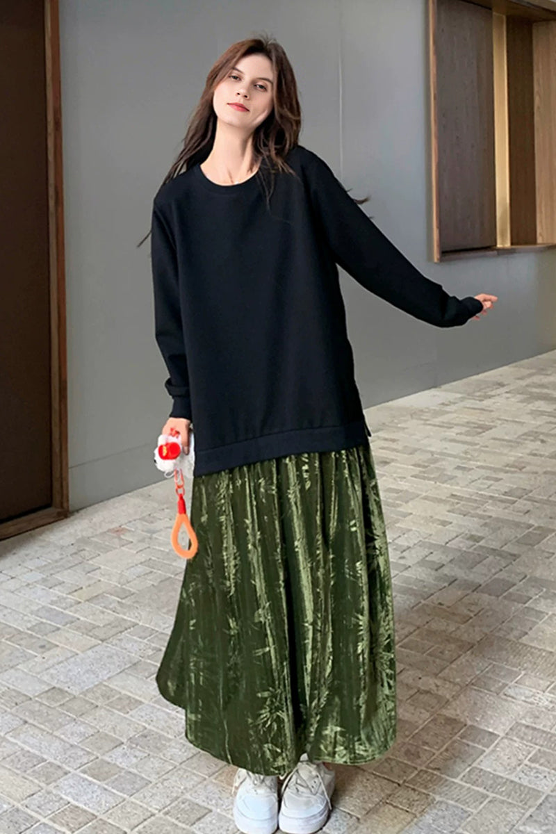 Relaxed Long Sleeve Mixed Media Sweatshirt Maxi Dress