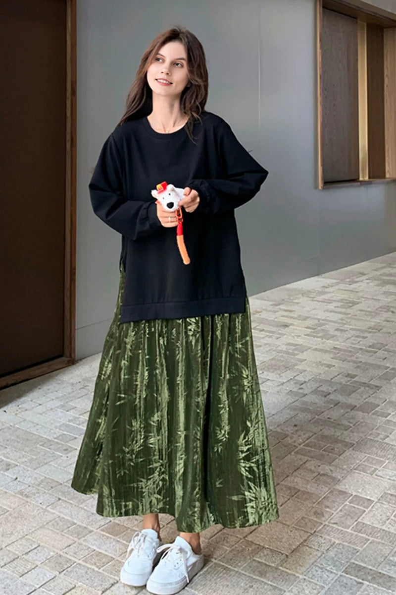 Relaxed Long Sleeve Mixed Media Sweatshirt Maxi Dress