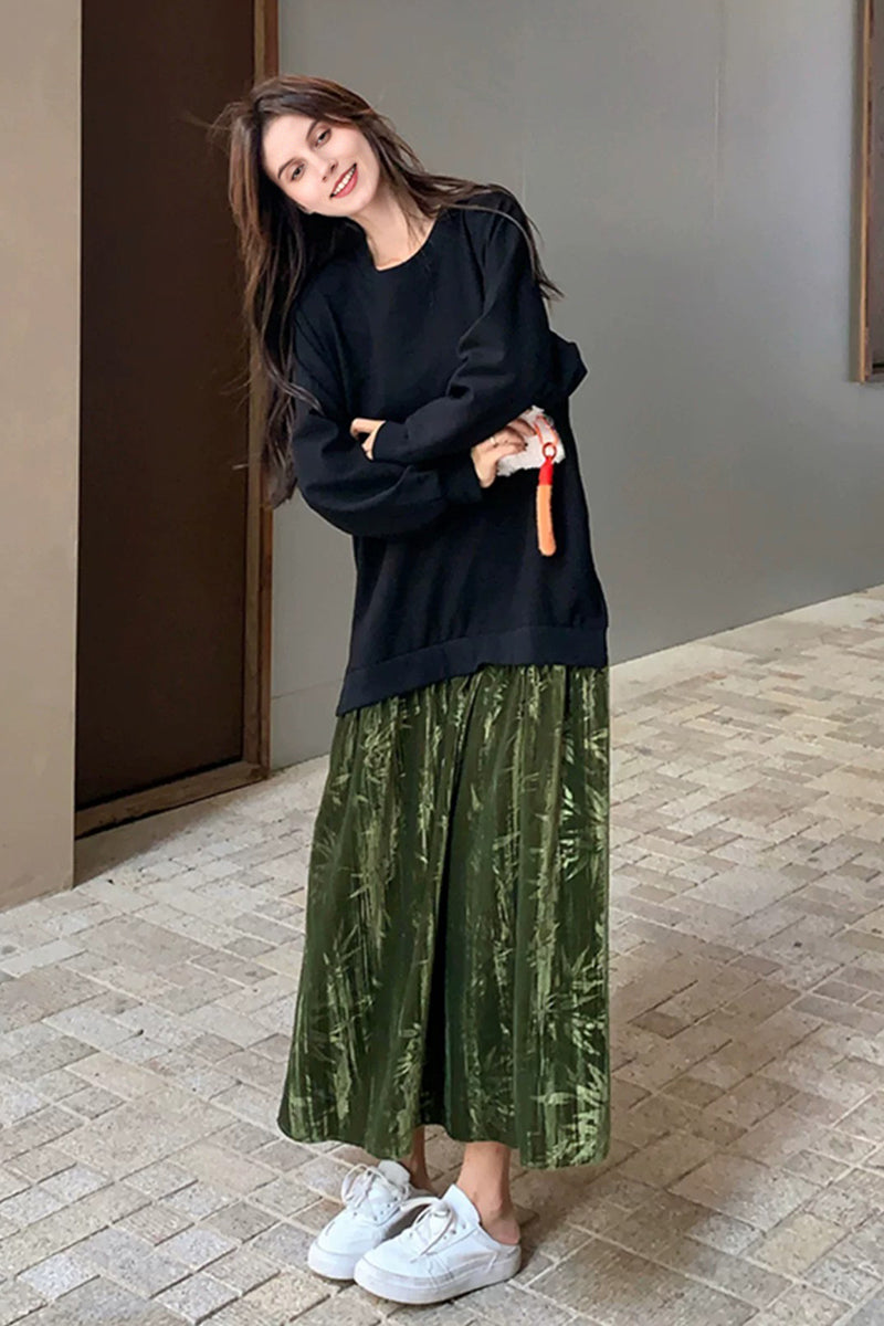 Relaxed Long Sleeve Mixed Media Sweatshirt Maxi Dress