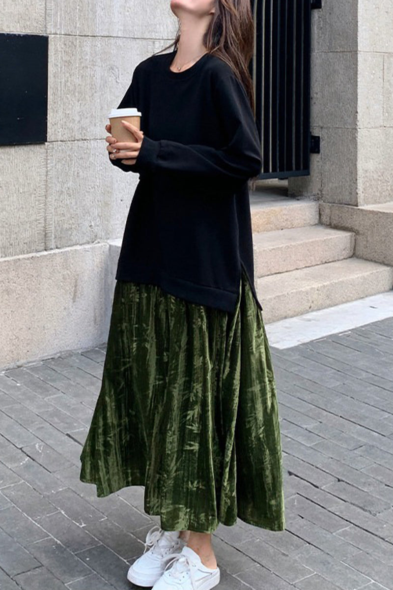 Relaxed Long Sleeve Mixed Media Sweatshirt Maxi Dress