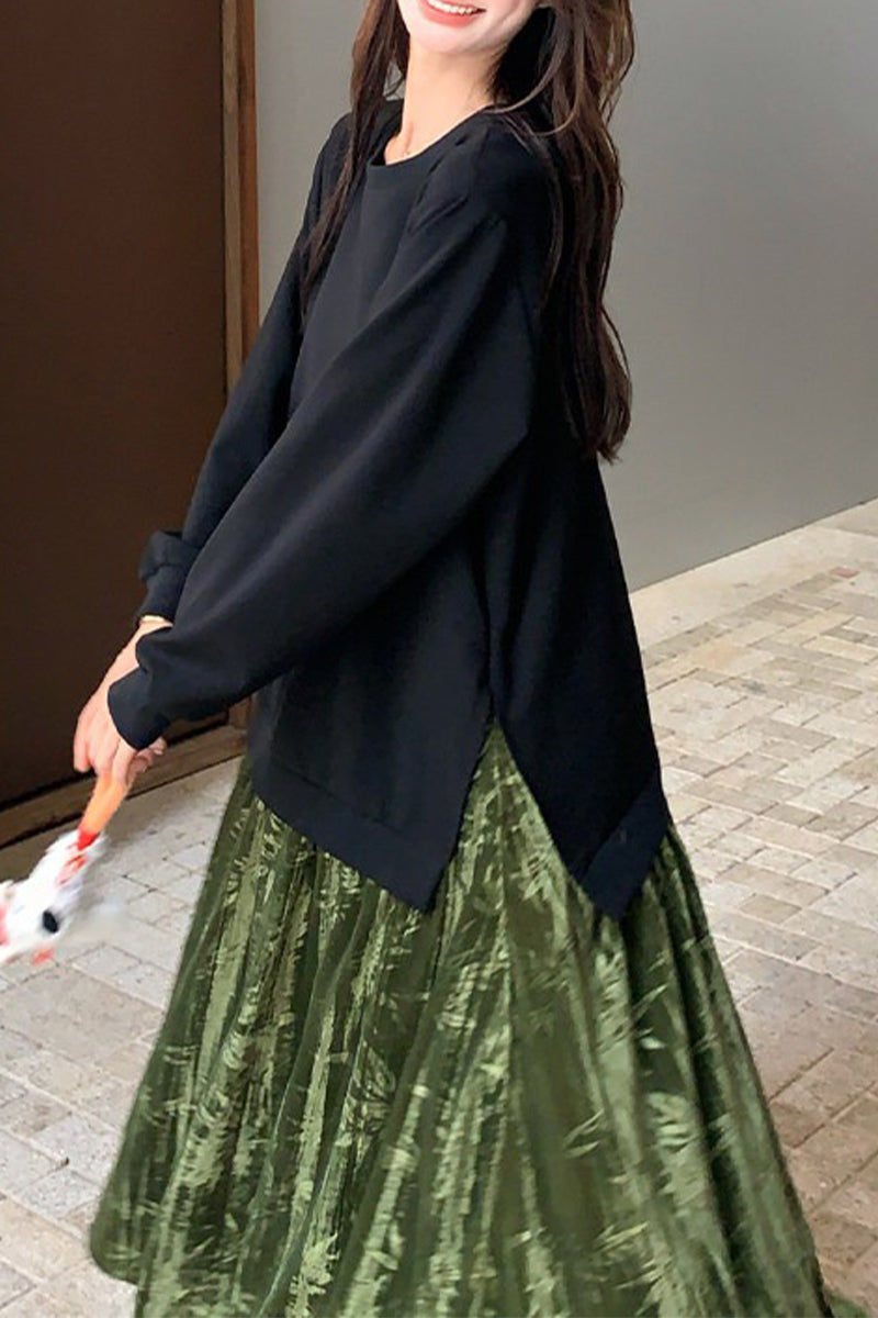 Relaxed Long Sleeve Mixed Media Sweatshirt Maxi Dress