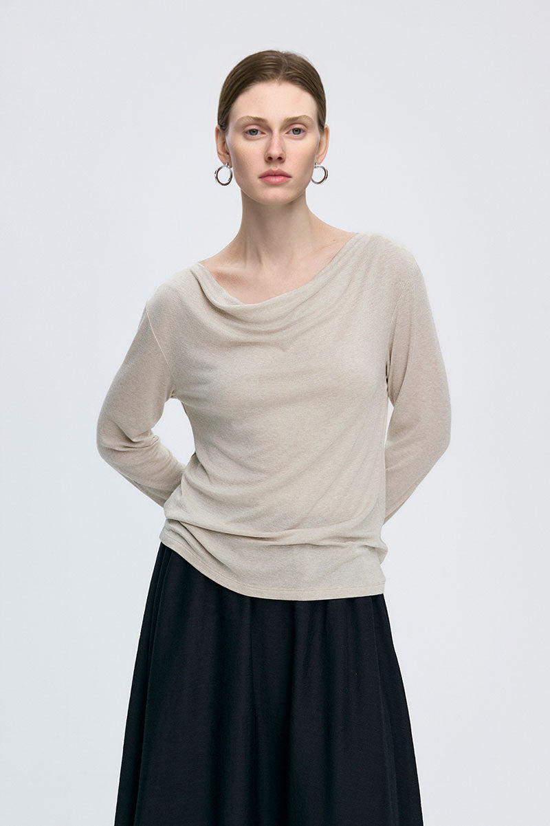 Reversible Front-Back Tencel-Wool Long-Sleeve Cowl-Neck Blouse