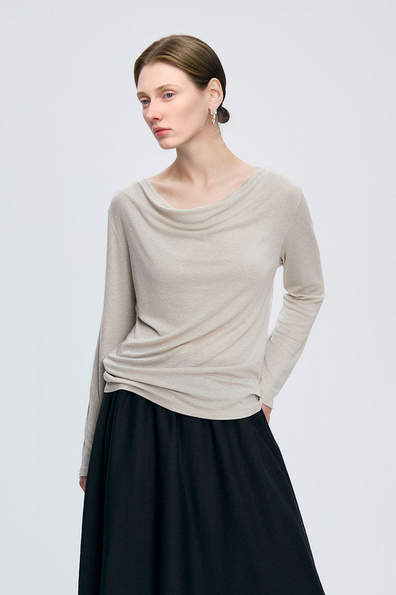 Reversible Front-Back Tencel-Wool Long-Sleeve Cowl-Neck Blouse