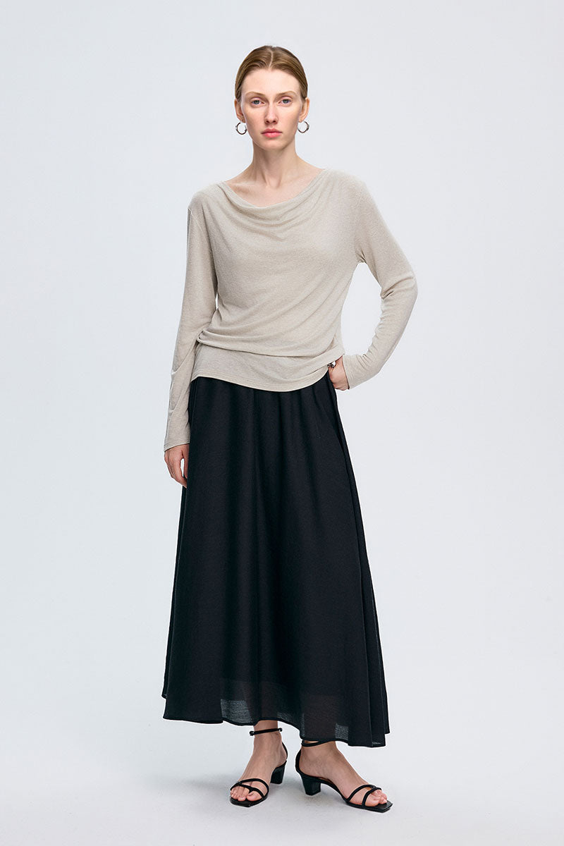 Reversible Front-Back Tencel-Wool Long-Sleeve Cowl-Neck Blouse