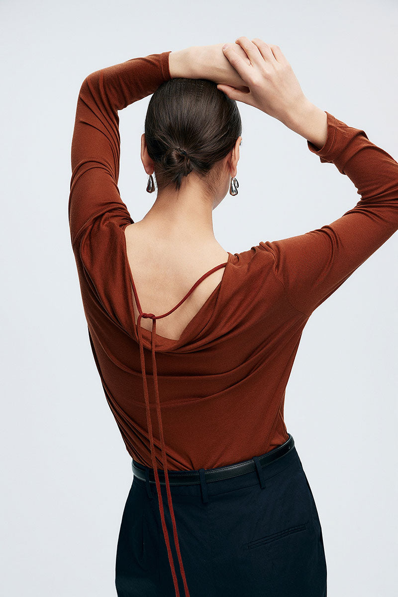 Reversible Front-Back Tencel-Wool Long-Sleeve Cowl-Neck Blouse