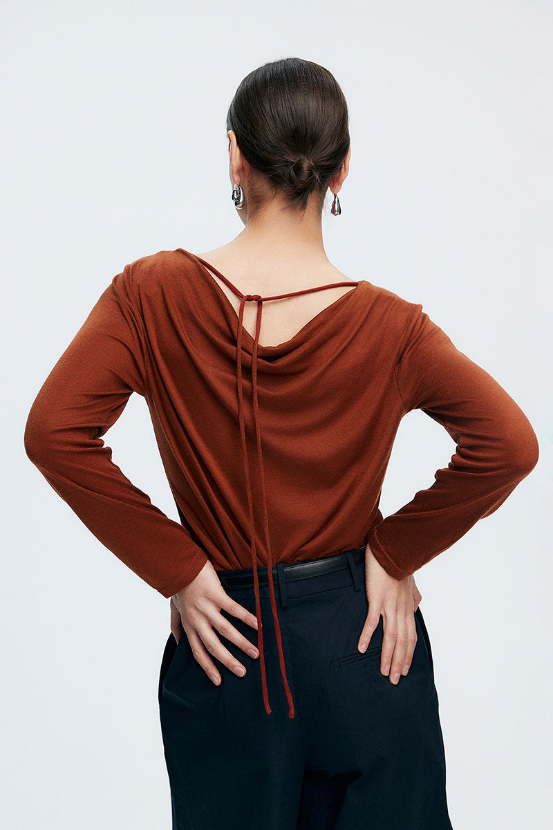 Reversible Front-Back Tencel-Wool Long-Sleeve Cowl-Neck Blouse