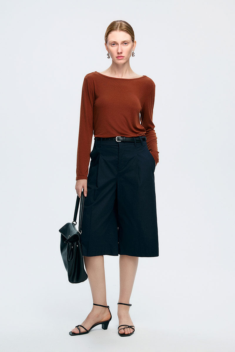 Reversible Front-Back Tencel-Wool Long-Sleeve Cowl-Neck Blouse