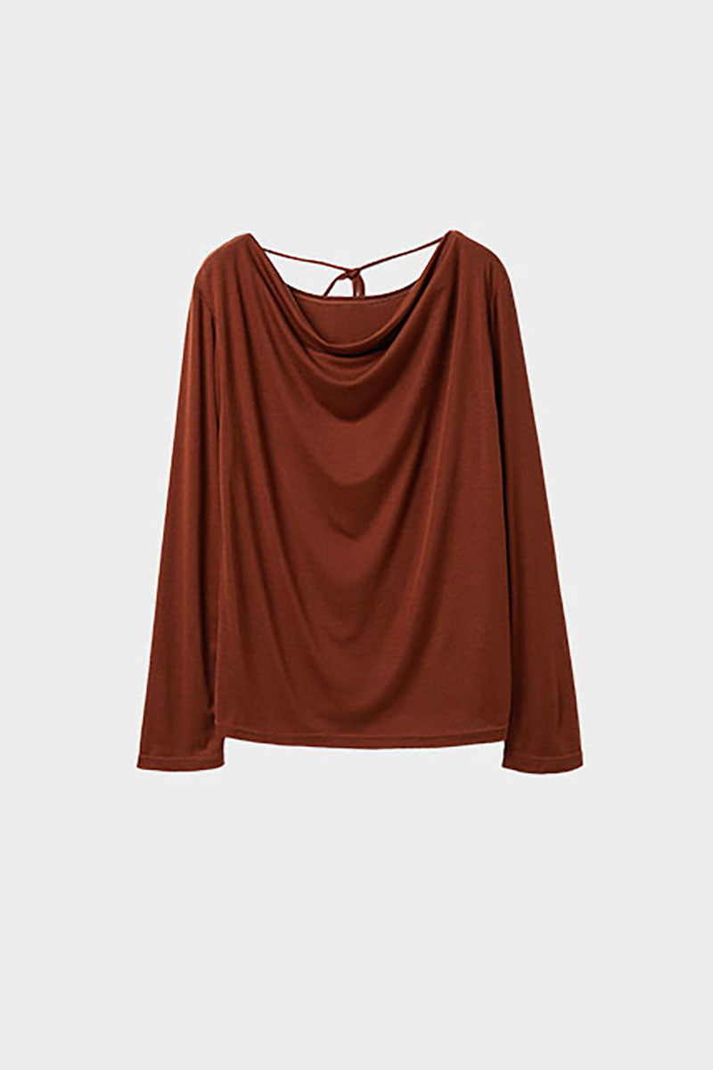 Reversible Front-Back Tencel-Wool Long-Sleeve Cowl-Neck Blouse