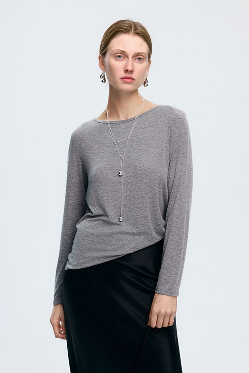 Reversible Front-Back Tencel-Wool Long-Sleeve Cowl-Neck Blouse