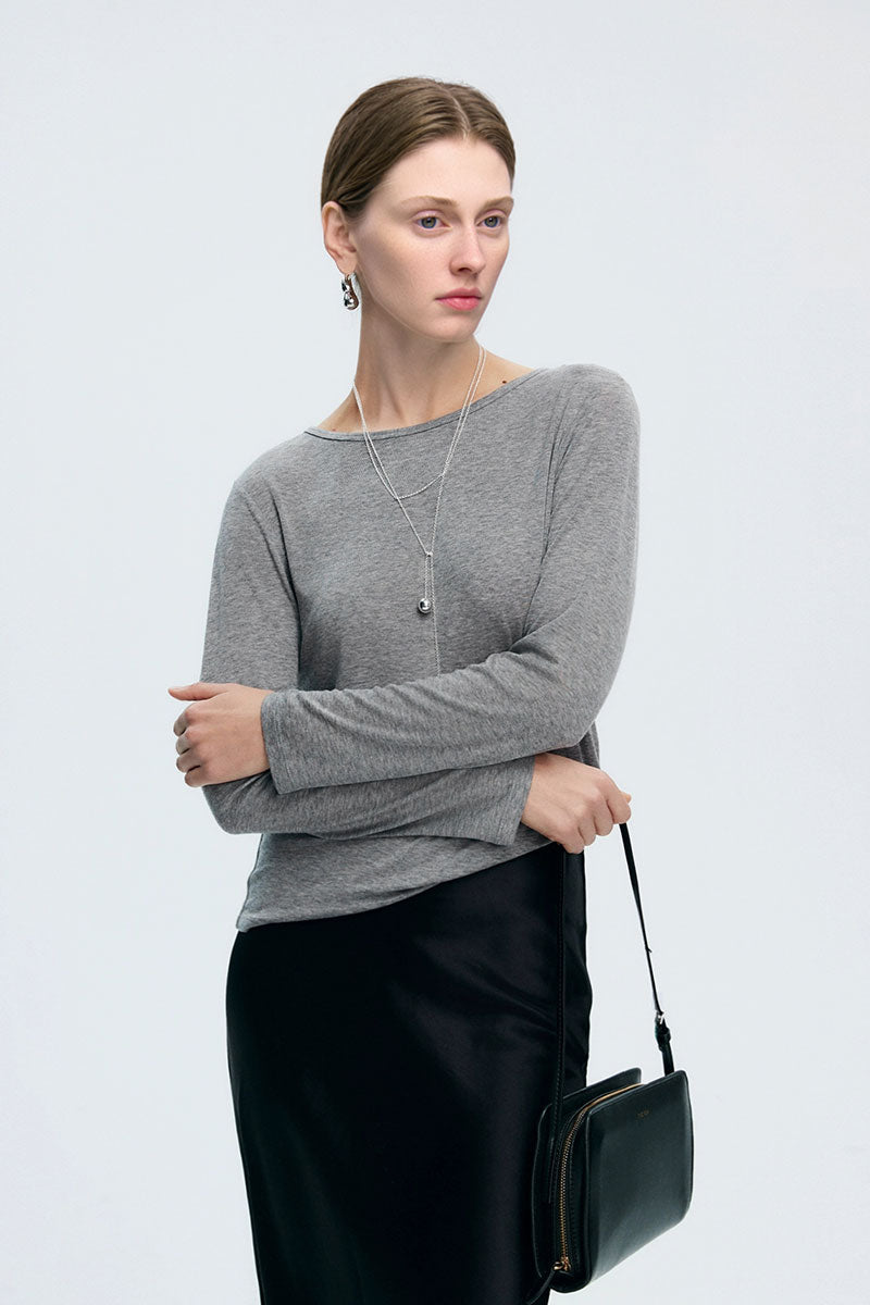 Reversible Front-Back Tencel-Wool Long-Sleeve Cowl-Neck Blouse