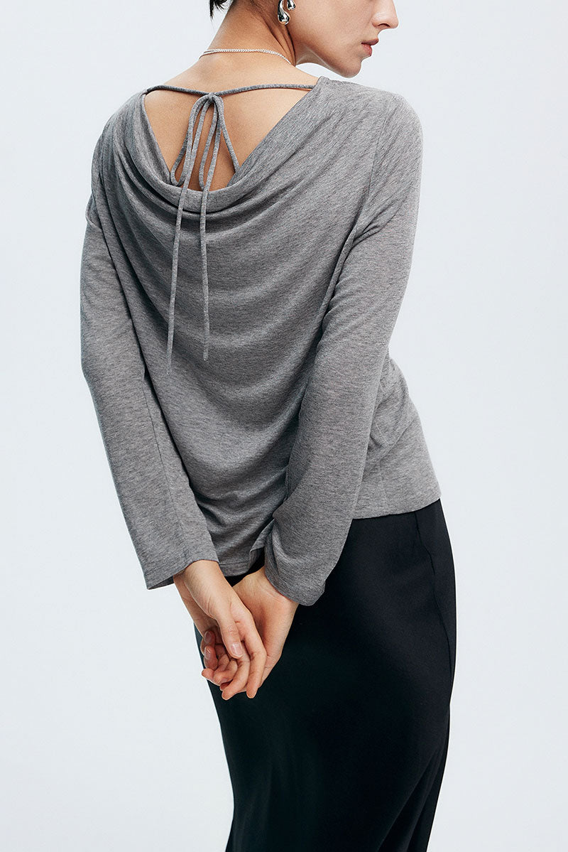Reversible Front-Back Tencel-Wool Long-Sleeve Cowl-Neck Blouse