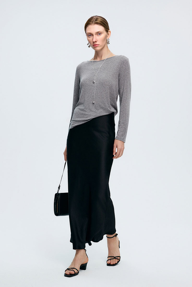 Reversible Front-Back Tencel-Wool Long-Sleeve Cowl-Neck Blouse