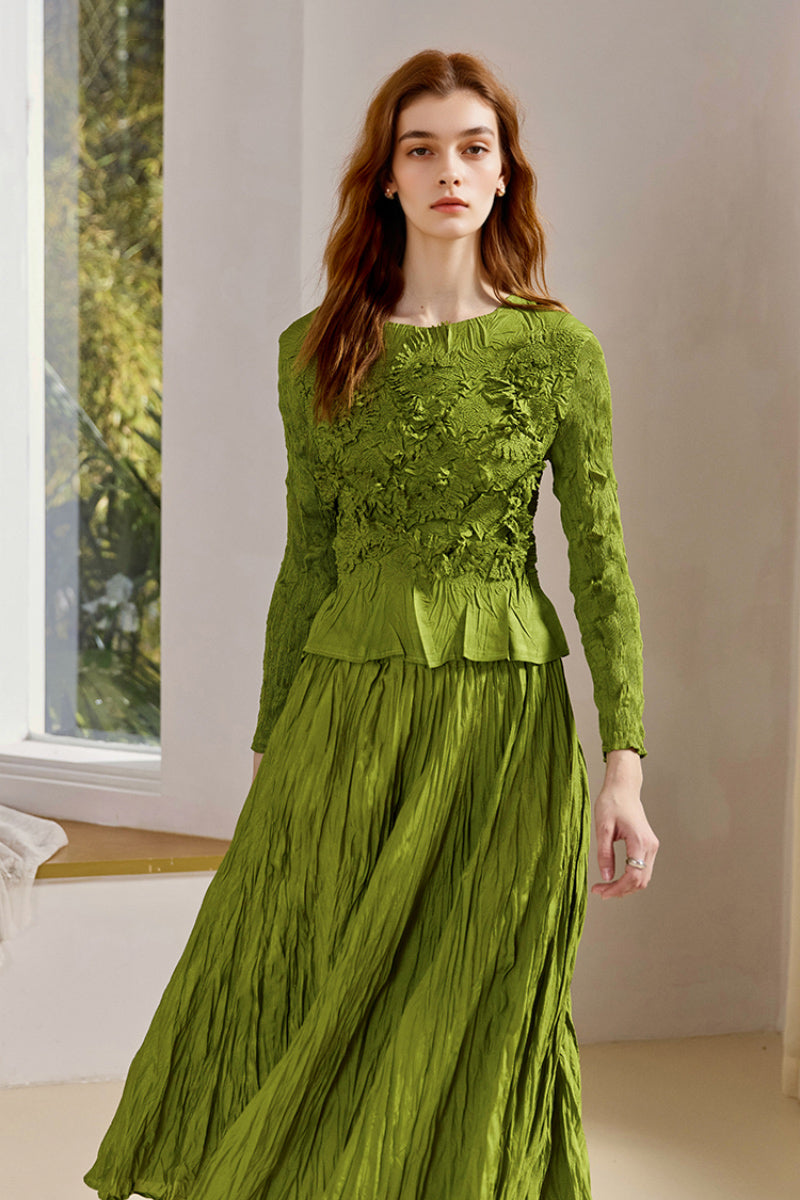 Romantic Flowy Textured A-Line Midi Skirt