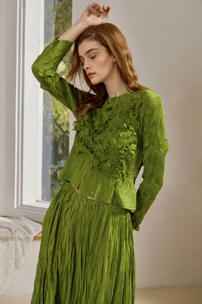 Romantic Handmade Floral Embroidery Textured Blouse