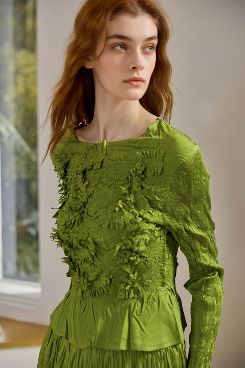 Romantic Handmade Floral Embroidery Textured Blouse