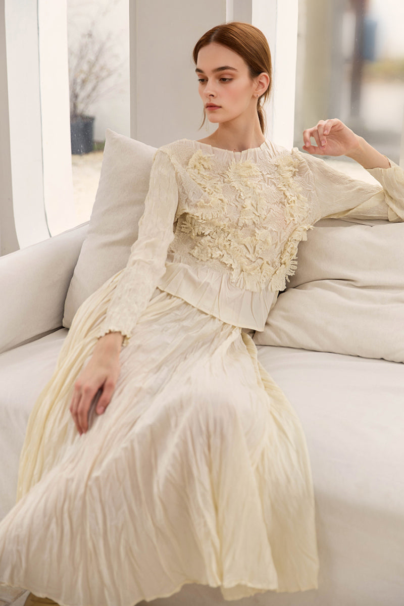 Romantic Handmade Floral Embroidery Textured Blouse