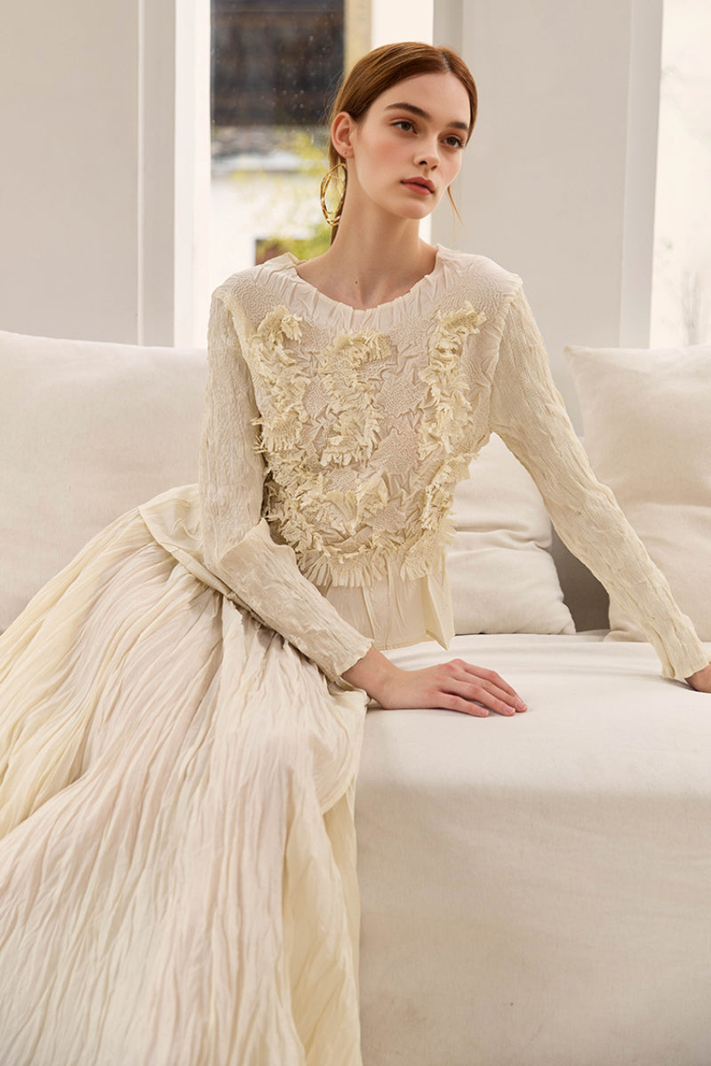 Romantic Handmade Floral Embroidery Textured Blouse
