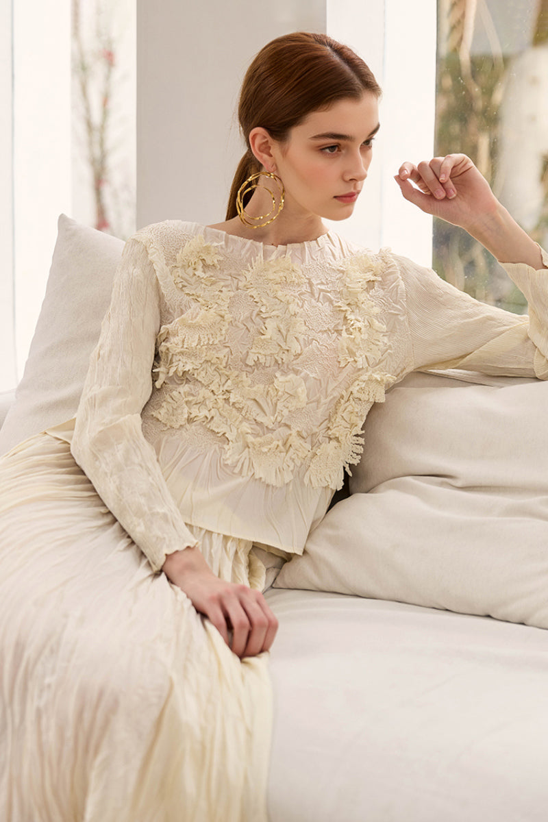Romantic Handmade Floral Embroidery Textured Blouse