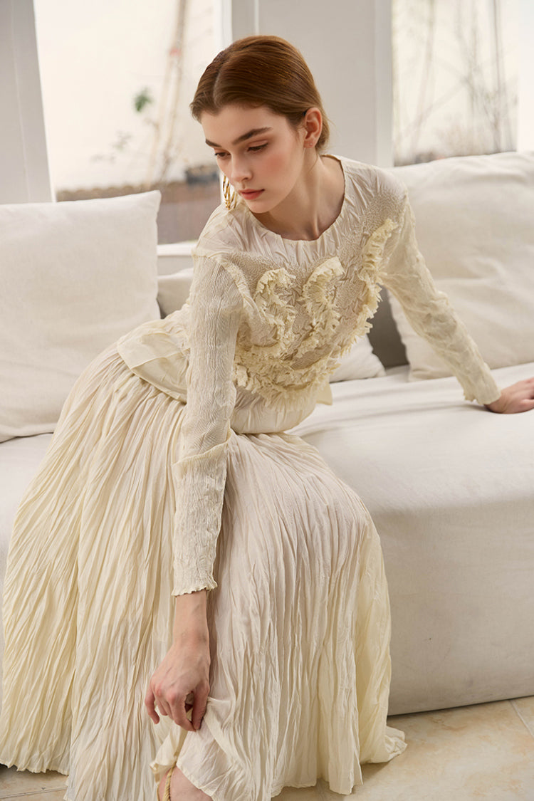 Romantic Handmade Floral Embroidery Textured Blouse