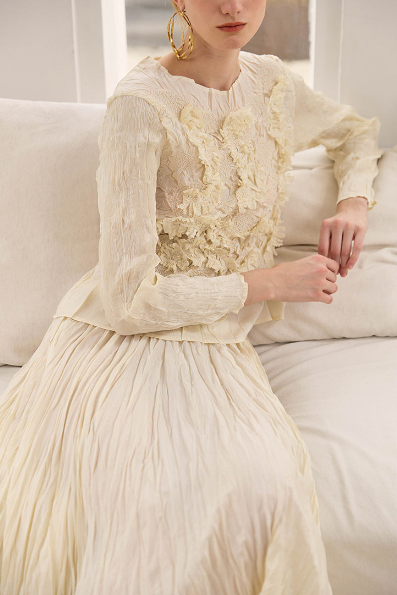 Romantic Handmade Floral Embroidery Textured Blouse